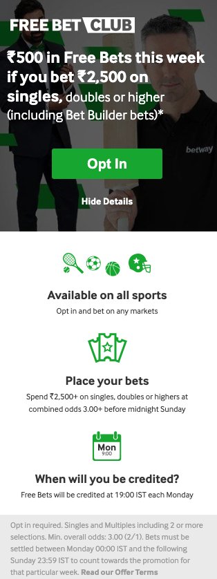 betway free bet club india