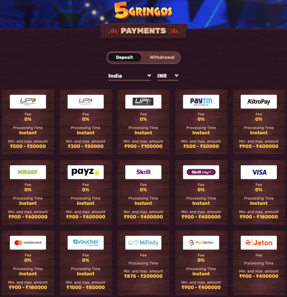 5gringos casino India deposit options